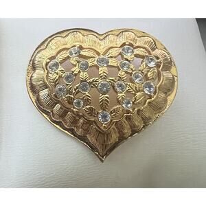 Vintage Monet Gold Tone Rhinestone Heart Brooch.